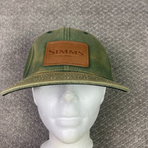 Simms Fishing Snapback Hat Cap Green Cotton with Leather Patch Distressed Faded - Picture 2 of 14